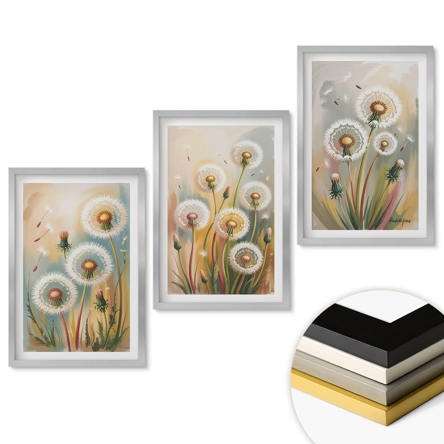 WANDBILDER 3er Set - 40x60 cm Silberner Rahmen - Löwenzahnblüten, pastellfarbene Gräser - Silberfarben, Kunststoff (40/60cm) - ArtPrintCave