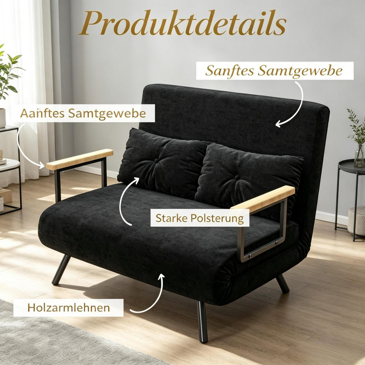 SCHLAFSOFA 4-in-1 2-Sitzer, DE-42186, Schwarz - Schwarz, Metall (73/81/102cm) - ComfortXL
