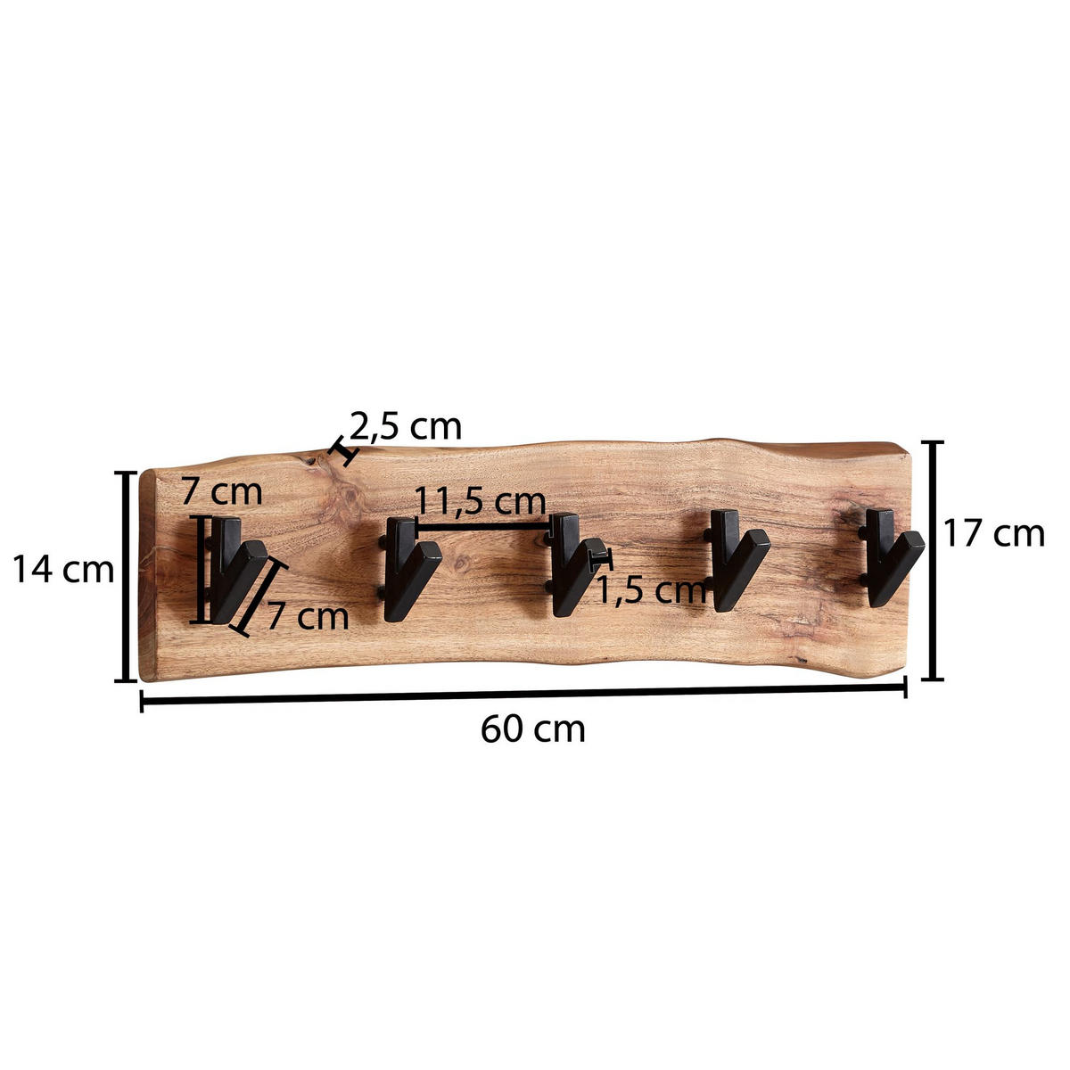 WANDGARDEROBE Akazie Massivholz Metall Modern 60x17x9 cm mit Naturkante - Beige, Holz (60/17/9cm) - KADIMA DESIGN