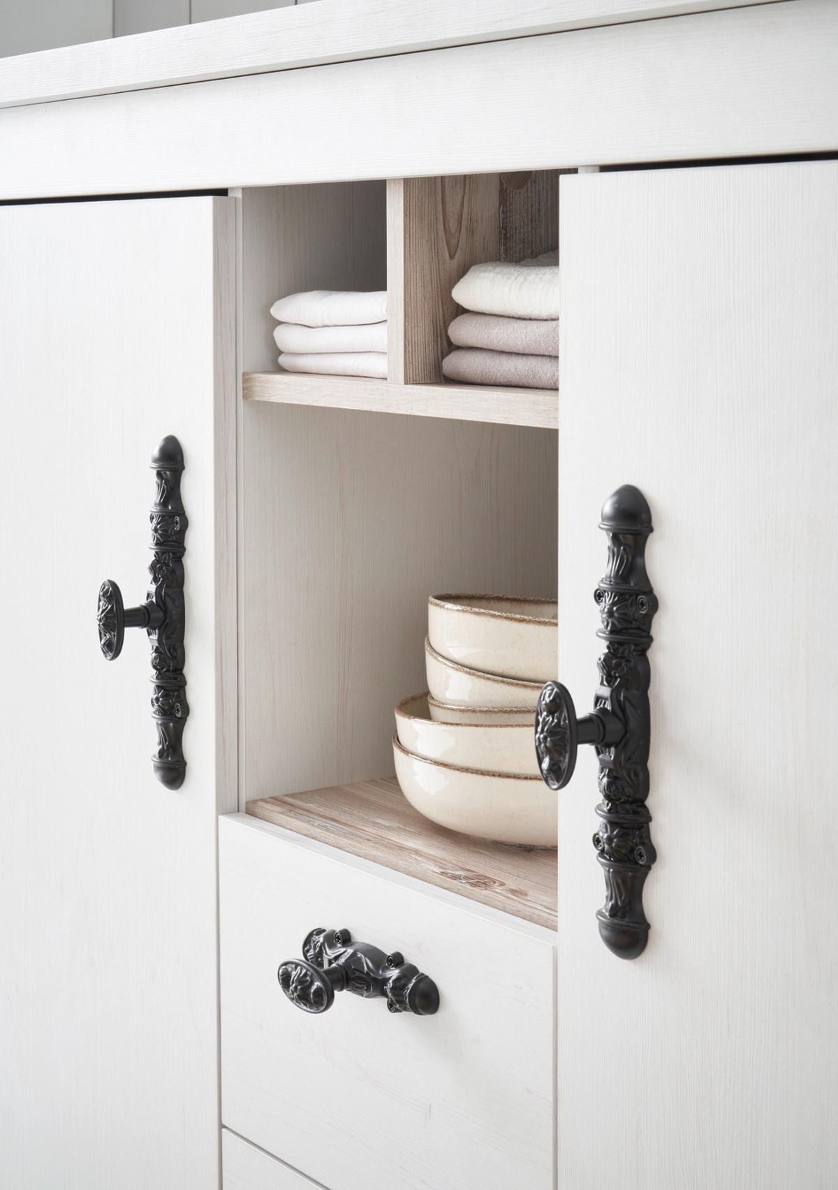 KÜCHENSCHRANK weiß Pinie Landhaus, Küche Unterschrank für Spüle oder Kochfeld, 129 x 92 cm, Soft-Close - Schwarz/Weiß, Holzwerkstoff/Metall (129/92/60cm) - Furn.Design