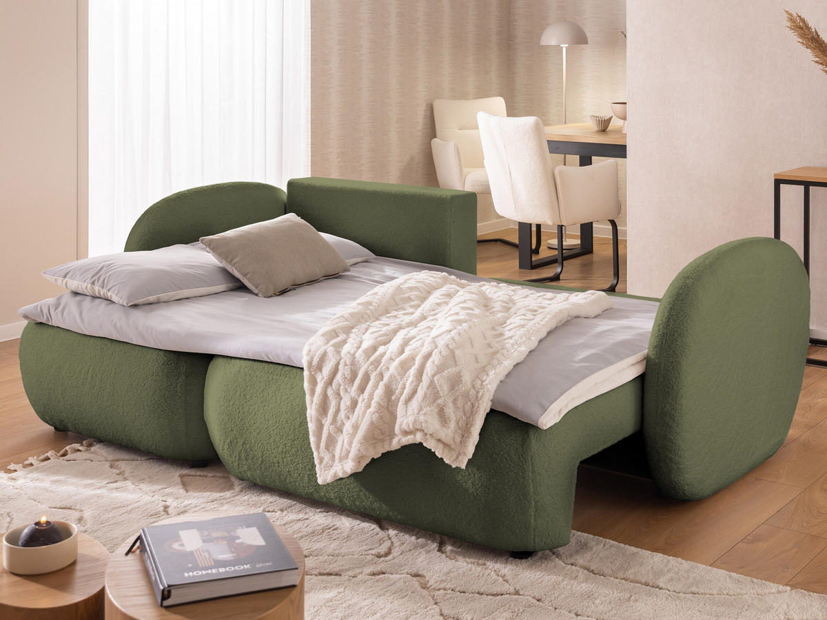 ECKSOFA Candy mit Schlaffunktion Grün Bouclé-Stoff - Ottomane links - Schwarz/Grün, Holz/Kunststoff (230/146cm) - S-Style Möbel