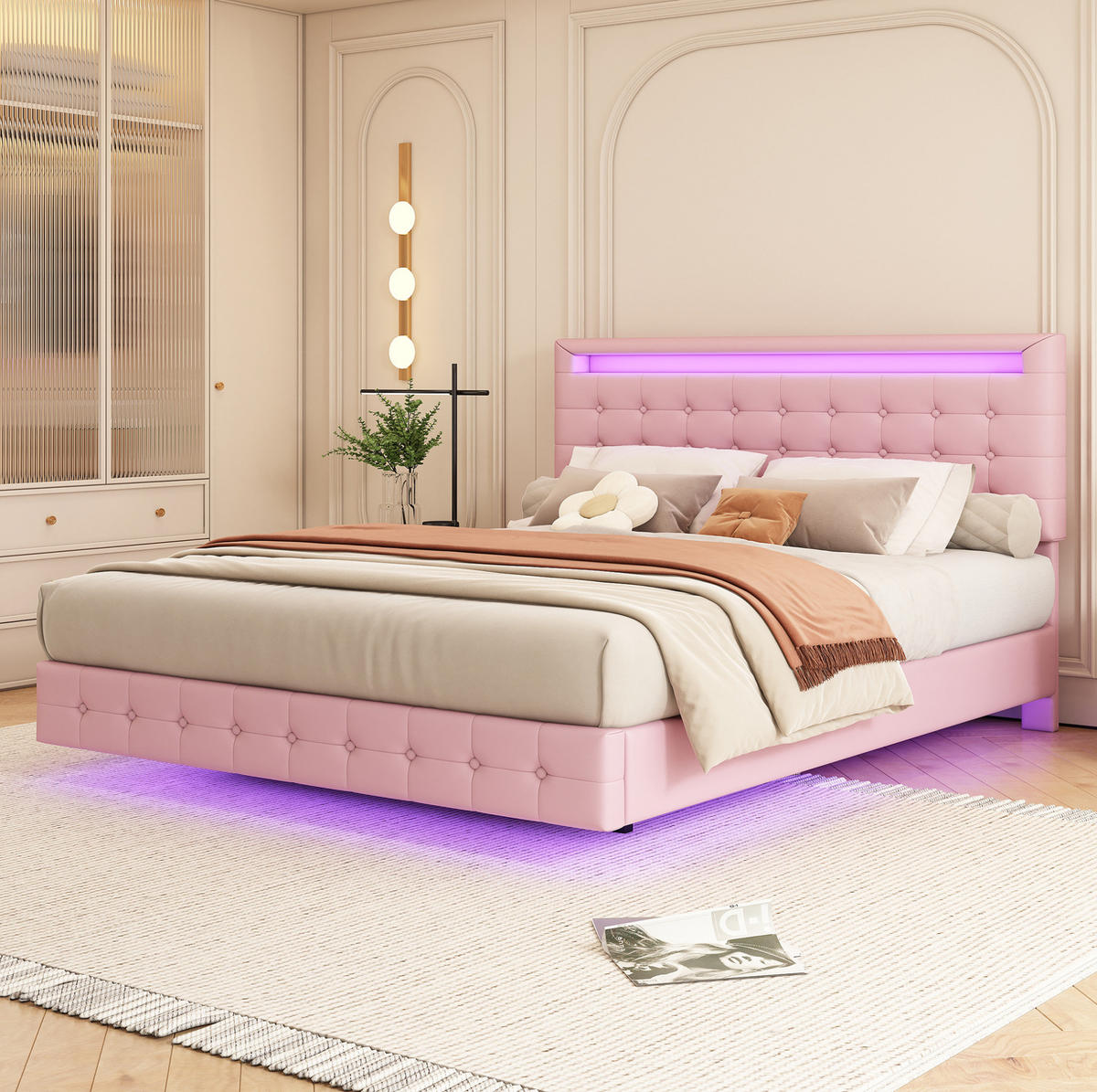 POLSTERBETT 140/200 cm Rosa mit LED-Ambientelicht und höhenverstellbarem Kopfteil Ohne Matratze - Rosa, Leder (140/200cm) - OKWISH