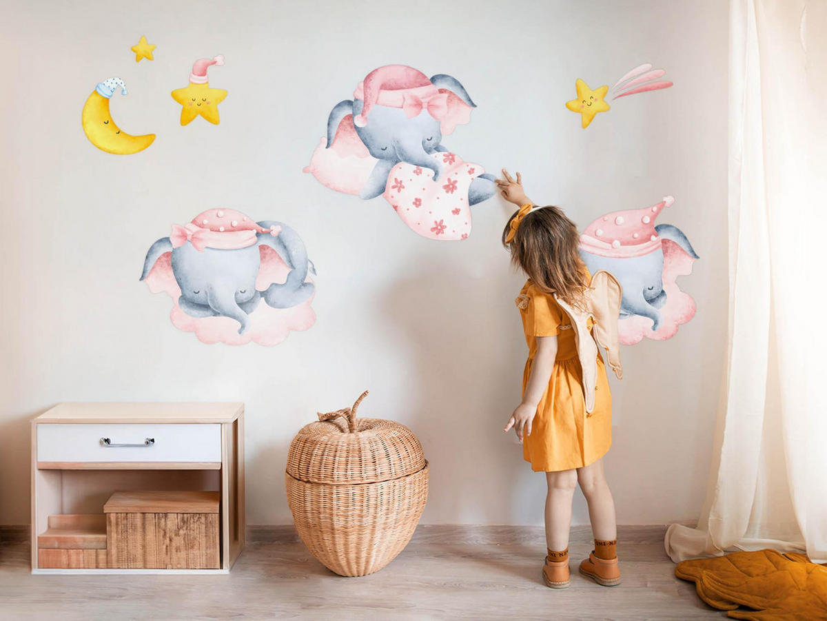 WANDAUFKLEBER 130x198cm - Pastellfarbene Elefantenwolken - Multicolor, Kunststoff (130/198/0.1cm) - Wallfluent