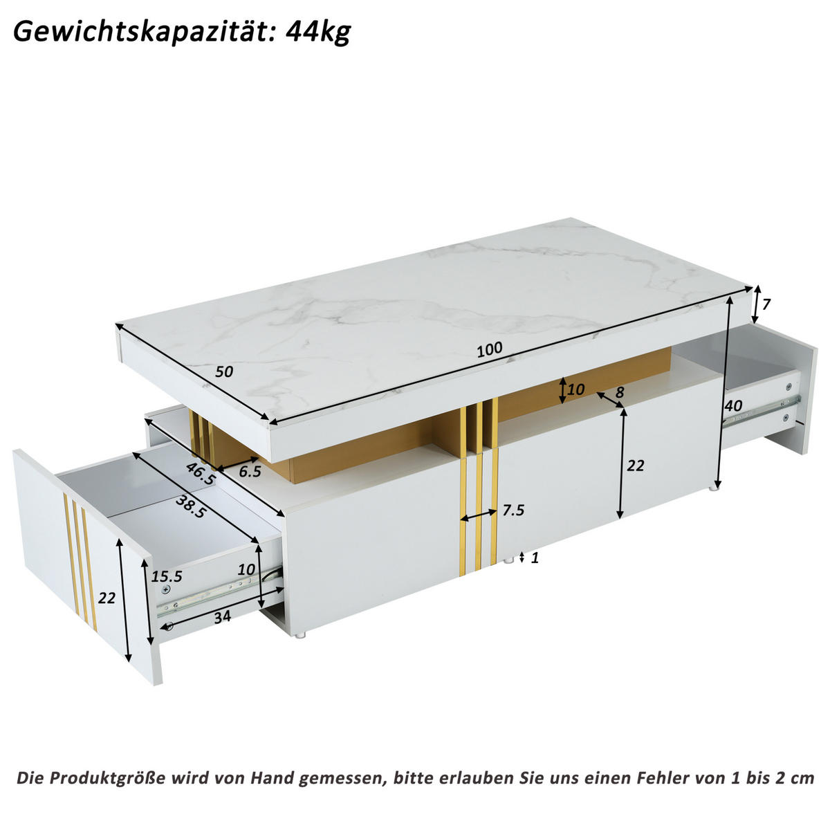 COUCHTISCH aus Spanplatte 100x50x40 cm Weiß mit 2 Schubladen, Hochglanzplatte und marmorierter Tischplatte - Weiß, Holzwerkstoff (100/50/40cm) - Modfu