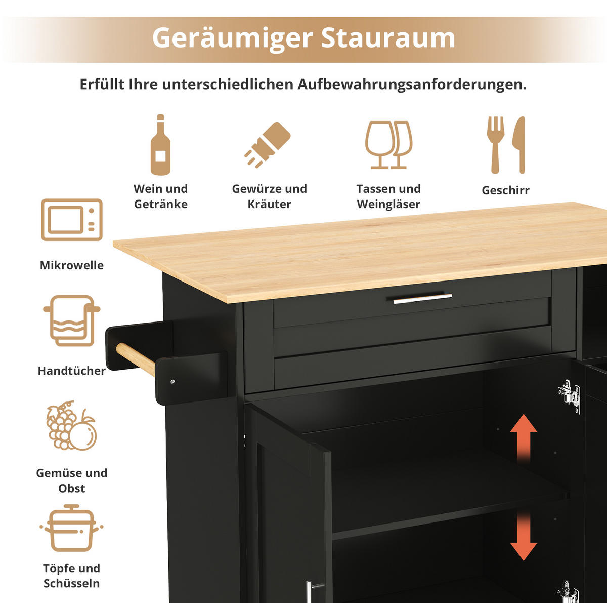 KÜCHENWAGEN 132.5x70x90cm Schwarz Spanplatte mit Klappplatte & Schublade - Schwarz, Holzwerkstoff (132.5/90/70cm) - Modfu