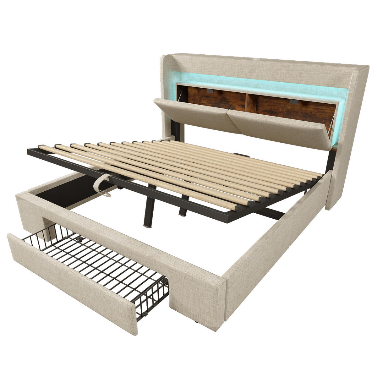 POLSTERBETT aus Leinen 160x200 cm in Beige mit LED & USB/USB-C & Stauraum - Beige, Textil (160/200cm) - Modfu