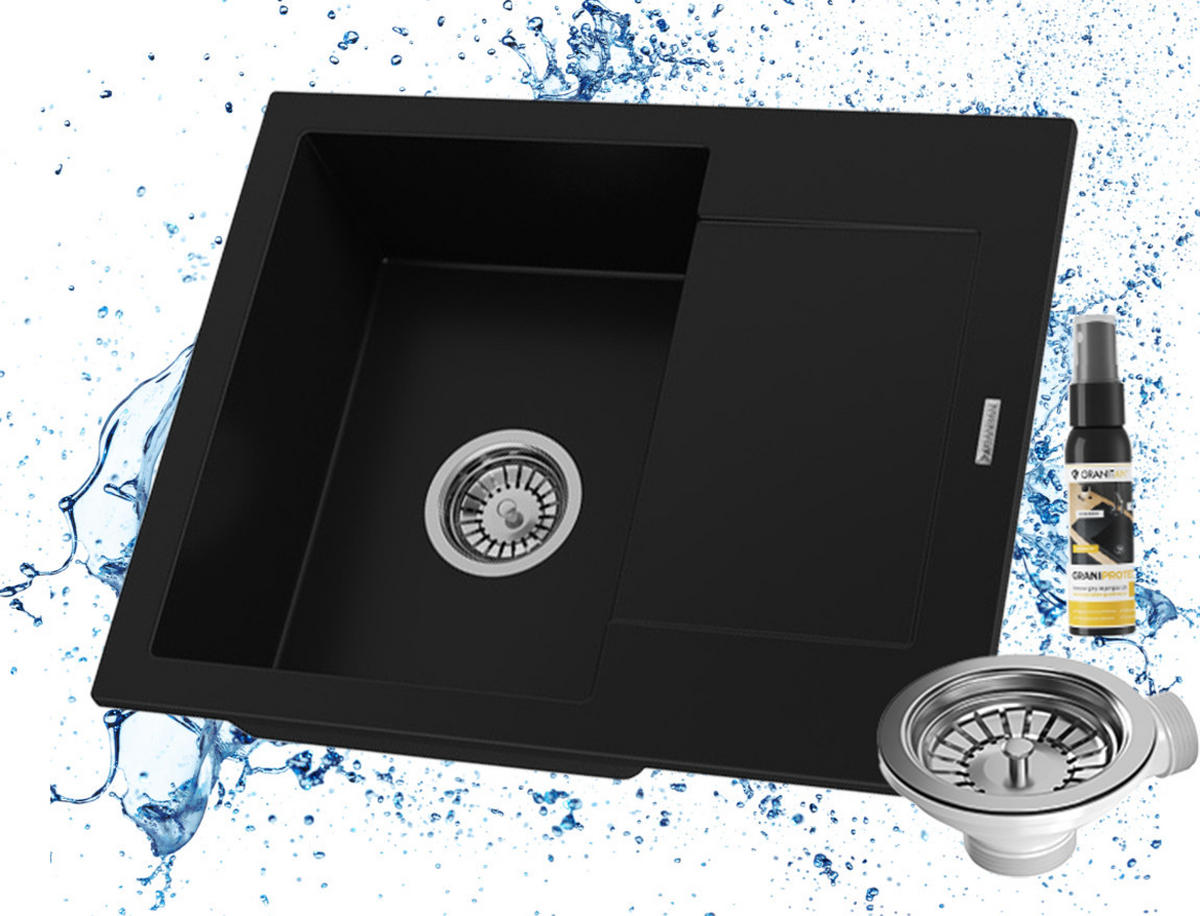 SPÜLBECKEN Bello Schwarz 570/470 mm Granit 2-tlg. Set mit Chromsyphon - Schwarz, Stein (57/47/20cm) - Granitan