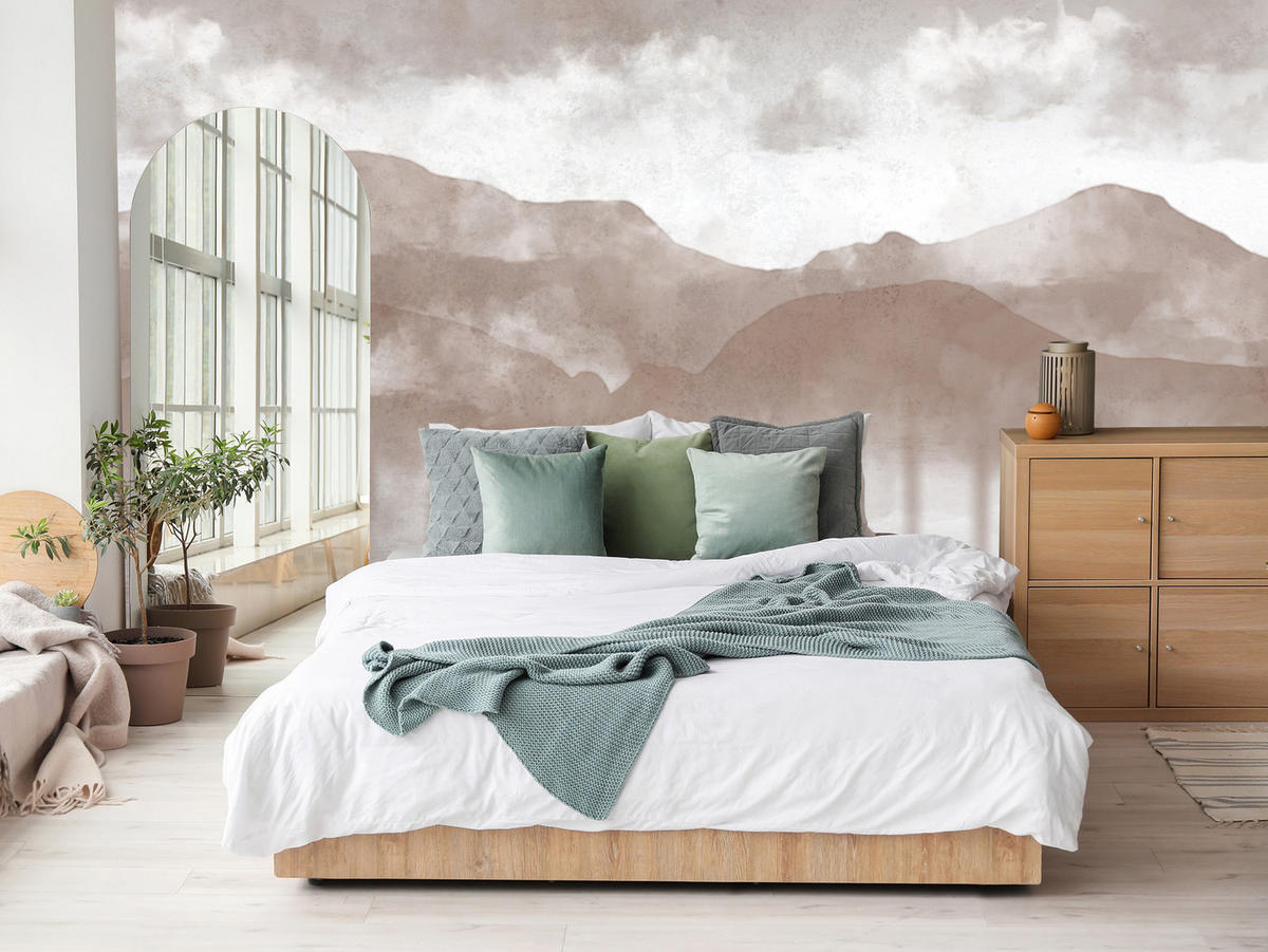 FOTOTAPETE für Schlafzimmer Beige Berglandschaft Nebelwald Vintage 300x210 - Beige/Braun, Papier (300/210cm) - Muralo