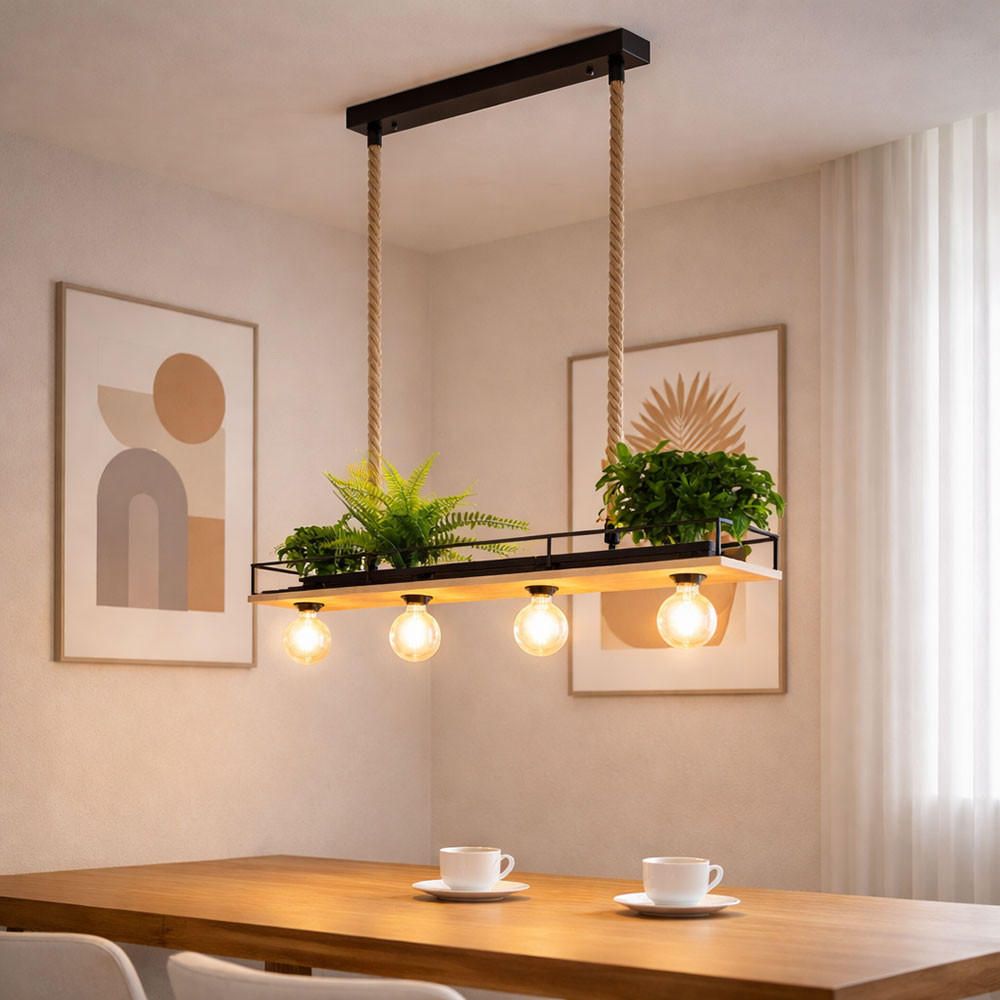 HÄNGELEUCHTE LED Holz/Metall braun/schwarz, 4-flg., 95 cm - Braun, Holz (95/15/120cm) - Globo Lighting
