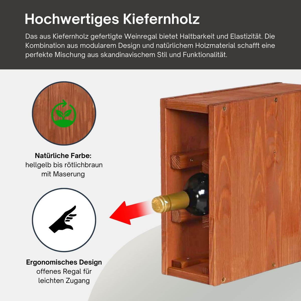 WEINREGAL Vincellar Mod 30x12x30 cm Schmal Modul Für 3 Flaschen Massives Kiefernholz Braun Geölt - Braun, Holz (12/30/30cm) - PROREGAL