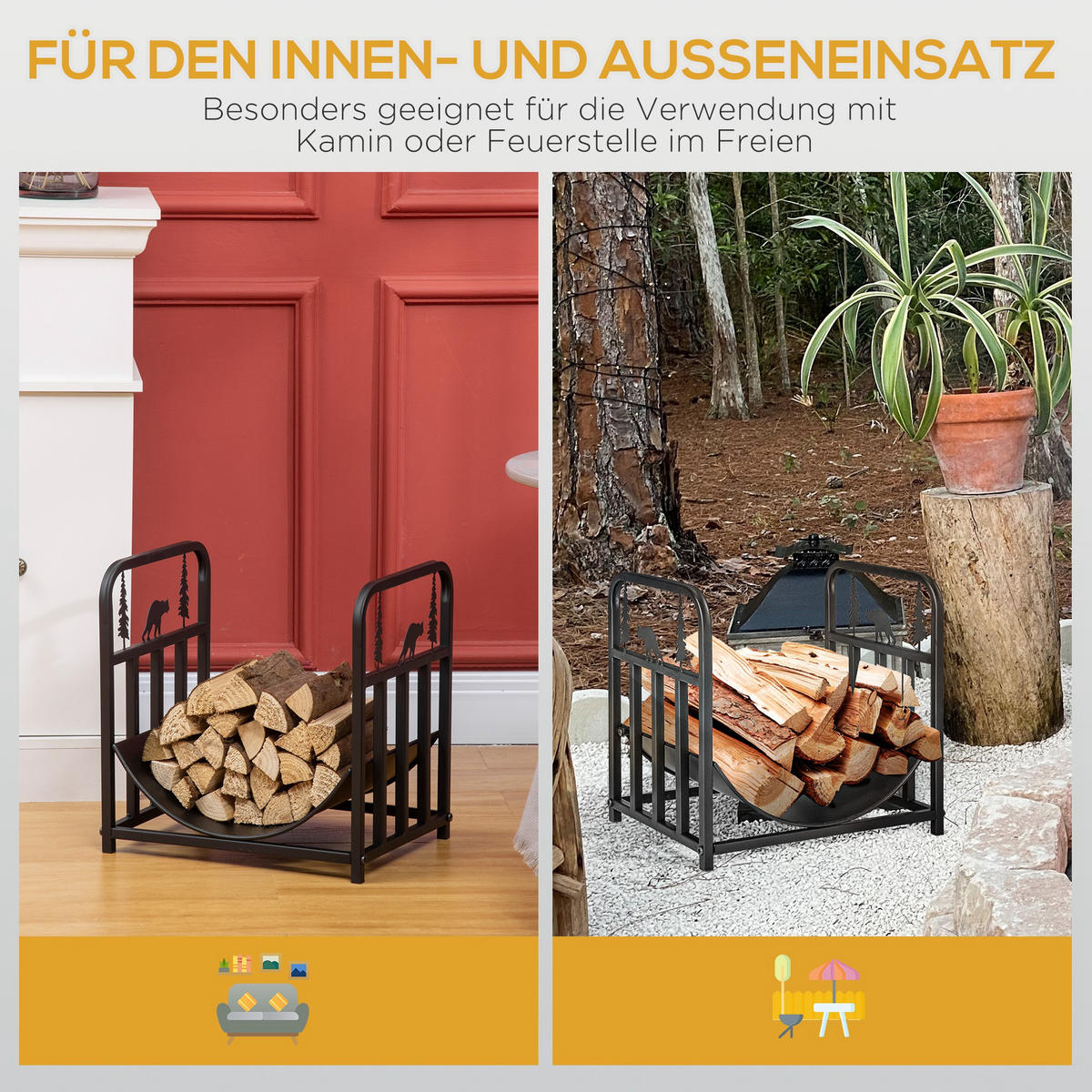 KAMINHOLZREGAL bis 50 kg - Schwarz, Metall (33.5/43/42cm) - Outsunny
