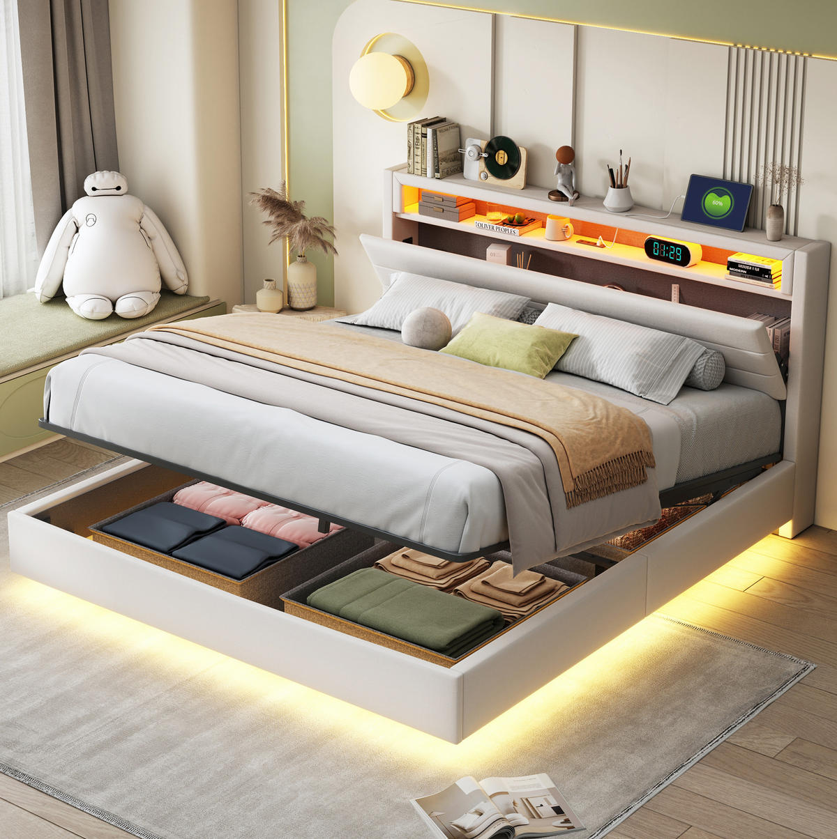 ČALÚNENÁ posteľ z ľanu 160x200 cm béžová s USB, LED osvetlením, hydraulickým úložným priestorom a otočným čelom - béžová, textil (160/200cm) - Modfu