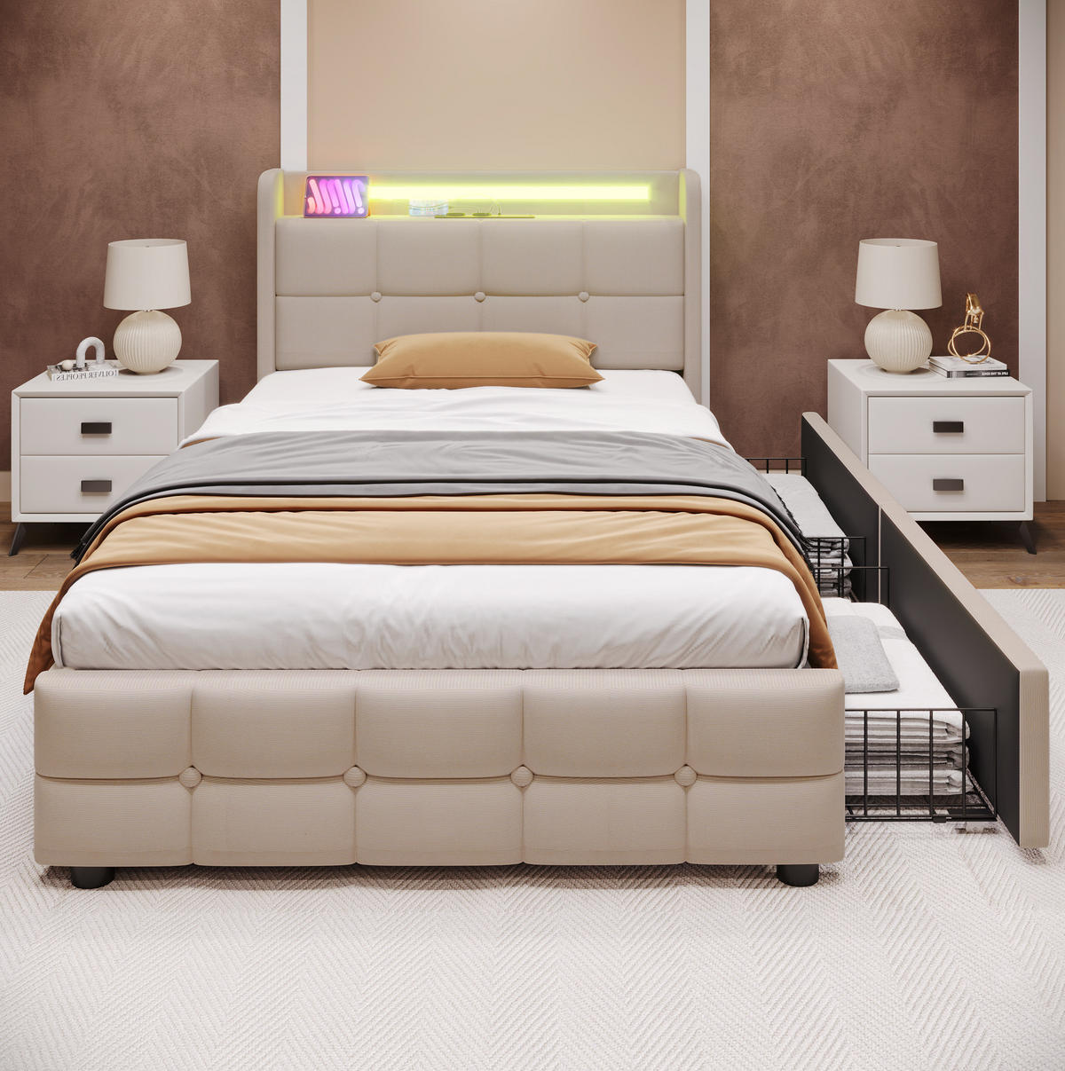 POLSTERBETT mit USB, LED und 2 Schubladen 90x200 cm Beige - Beige, Holz (90/200cm) - Meubliv