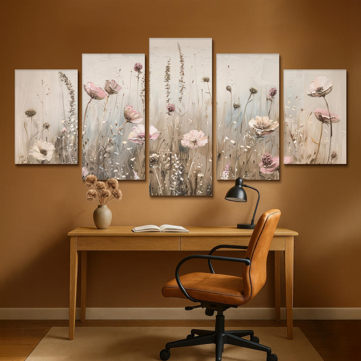 LEINWANDBILD 5er Set Blumen - Beige - Modern - Rosa 200x100 cm - Ecru, Textil (200/100cm) - MuchoWow