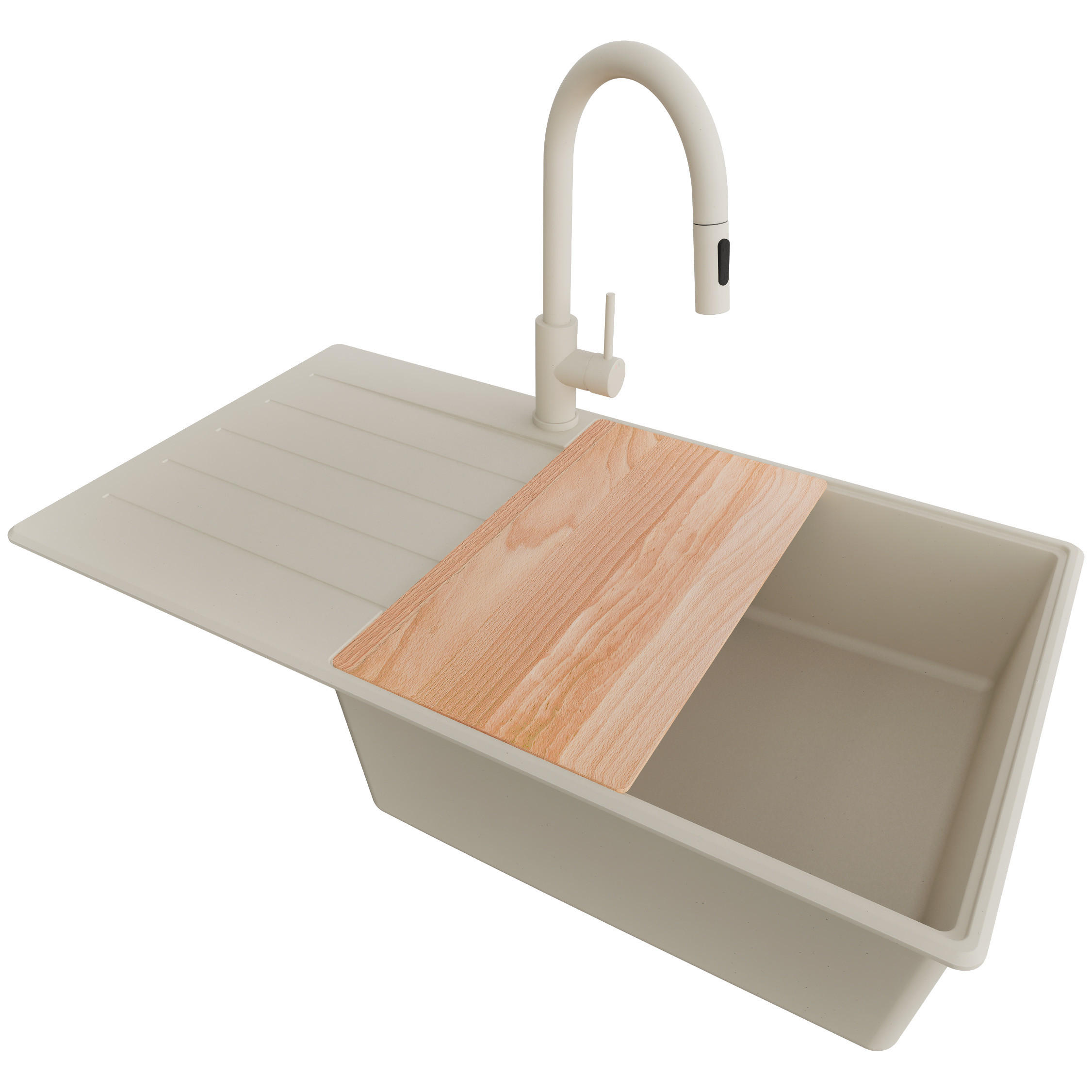 GRANITSPÜLE Kopenhagen, 2-er set Beige 90/50 cm 1 Becken + Küchenarmatur 40/20 cm + Ablauf-Set + Schneidebrett ab 60er Unterschrank - Chromfarben/Beige, Kunststoff (90/20/50cm) - Primagran
