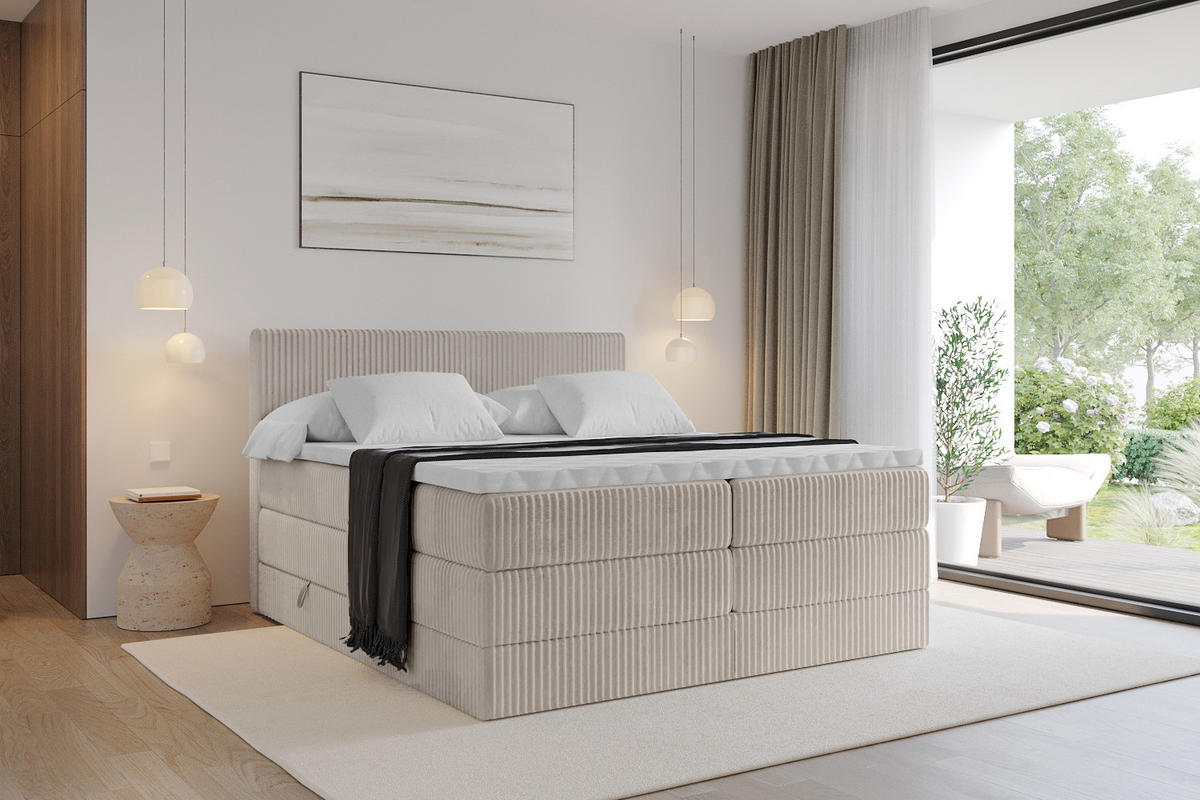 BOXSPRINGBETT mit Matratze H3|H4 und Lattenrost - TOLO KING 120x200 Cord - Aschgrau - Alufarben, Holzwerkstoff (120/200cm) - ALTDECOR