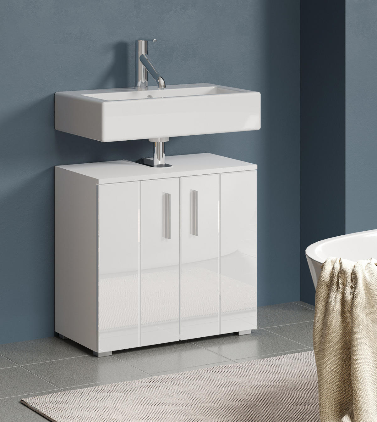 WASCHBECKENUNTERSCHRANK weiß Hochglanz, Badschrank 60 x 58 cm - Weiß Hochglanz/Silberfarben, Holzwerkstoff/Kunststoff (60/58/34cm) - Top.Furn