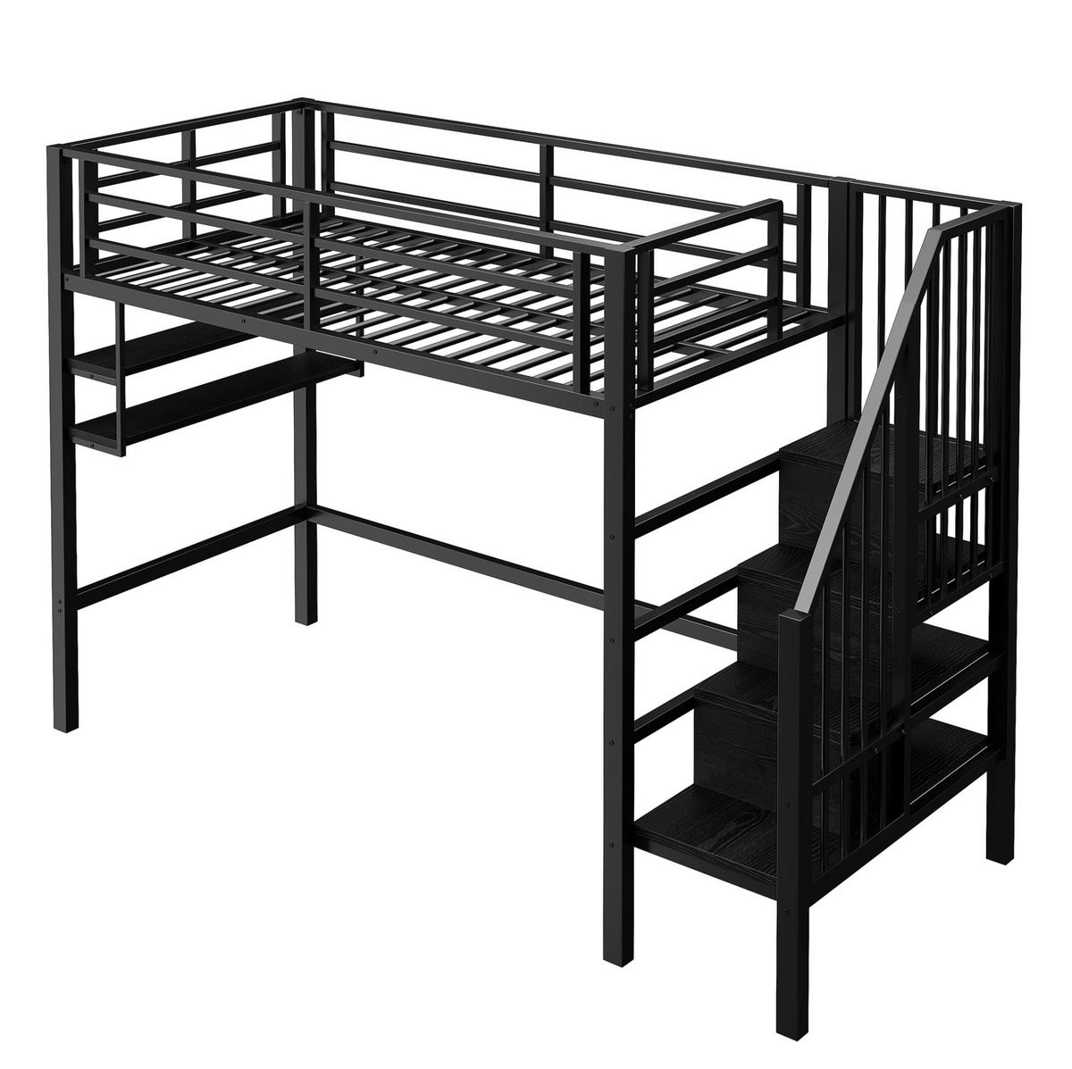 HOCHBETT 90/200 cm mit Stauraumleiter, Regalfächern und Freiraum unter dem Bett, Schwarz - Schwarz, Metall (90/200cm) - Redom