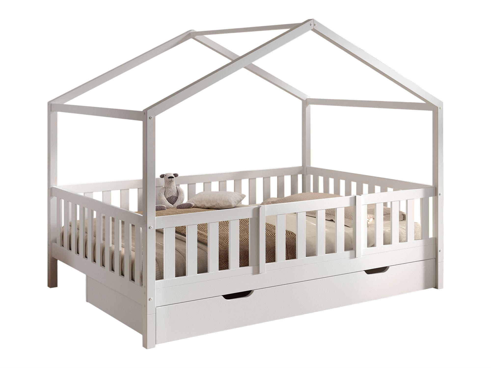 HAUSBETT Kapua 140x200 Bettschublade Rausfallschutz Kiefer massiv weiß - Weiß, Holz (140/200cm) - 58aufmkessel