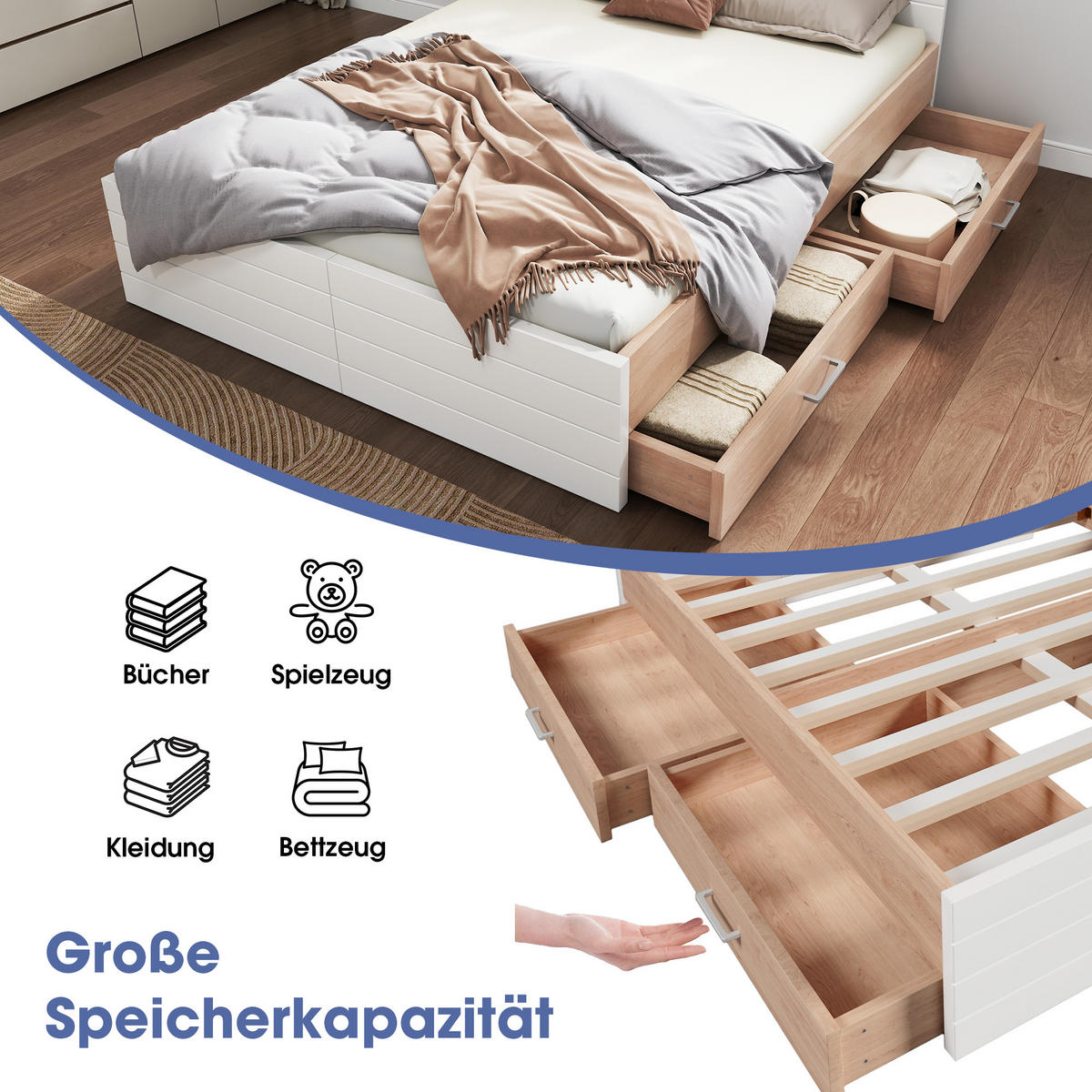 POLSTERBETT 160x200cm mit Stauraum und Schubladen Weiß/Eiche - Eichefarben, Holzwerkstoff/Textil - Urban Meuble