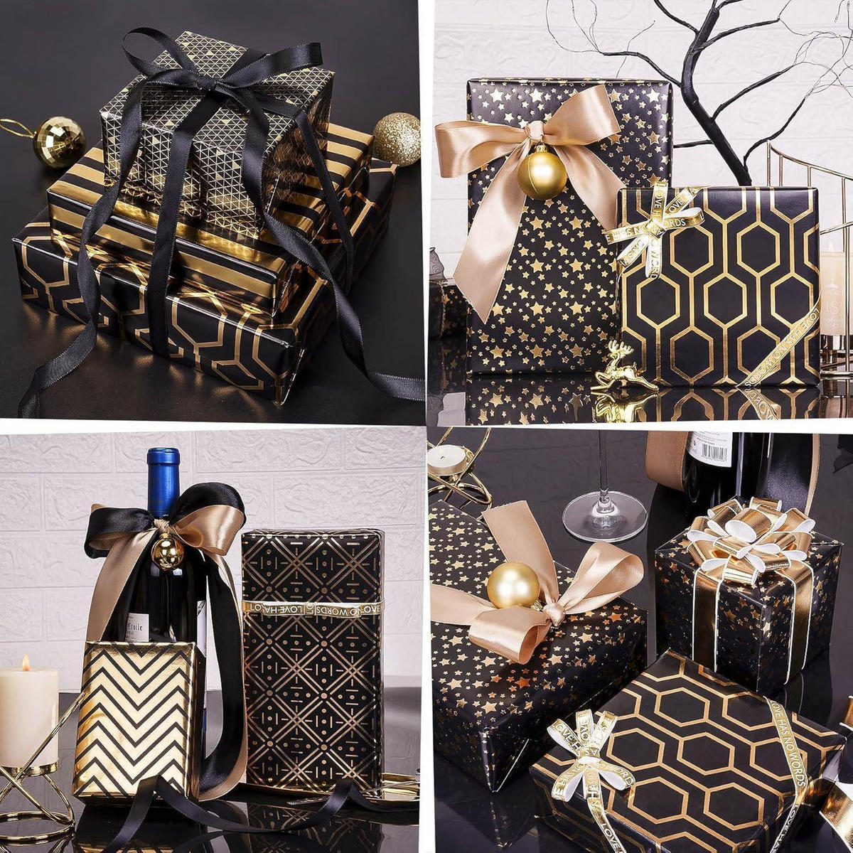 GESCHENKPAPIER Set Schwarz-Gold 6 Blatt 70 x 50 cm - Multicolor, Papier (50/50/70cm)