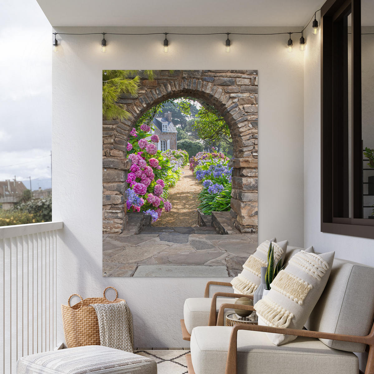 ZAHRADNÍ PLAKÁT Květiny - pohled - hortenzie - léto 120x160 cm - hnědá, plast (120/160/0.2cm) - OnlyWow