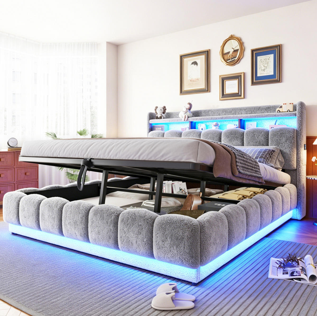 POLSTERBETT 180/200 cm aus Stoff und Metall mit LED-Lichtleiste, USB-Anschluss, Grau - Grau, Textil (180/200cm) - OKMYHOME