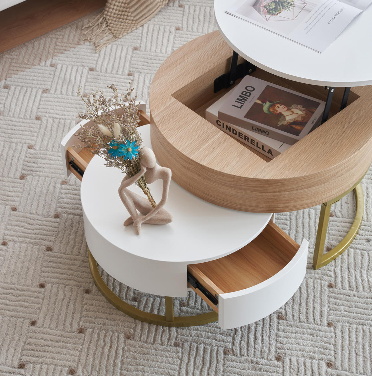 COUCHTISCH-SET aus MDF 70x70x56/60x60x27 cm Weiß und Gold mit höhenverstellbarer Platte, Schublade und Nestdesign - Weiß, Holzwerkstoff (70/70/56.5cm) - Modfu