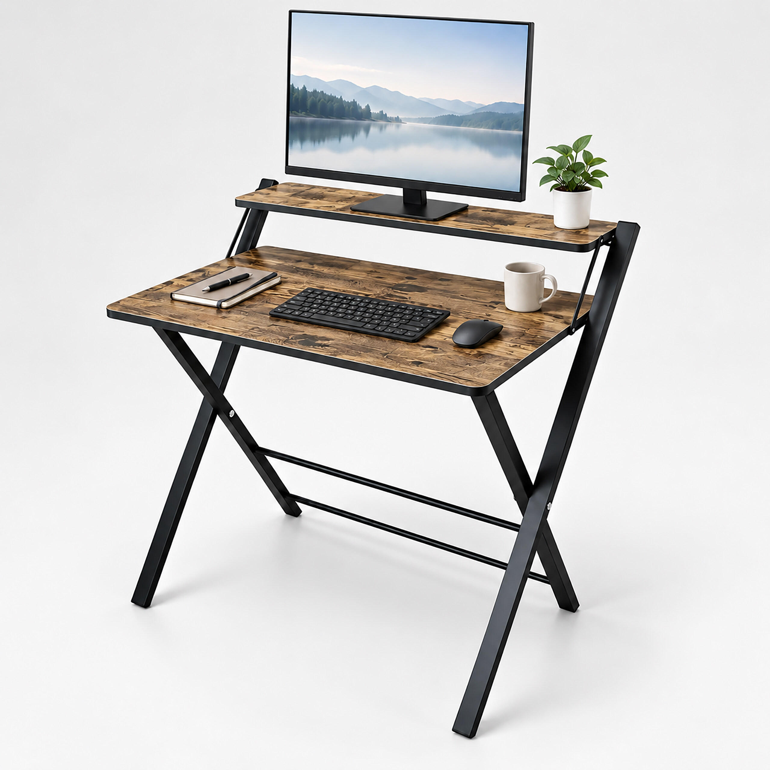 SKRIVBORD Brun Svart fällbart med monitorhylla MDF metall - Multicolor, Träbaserade material/Metall (56/70/82cm) - Relaxdays