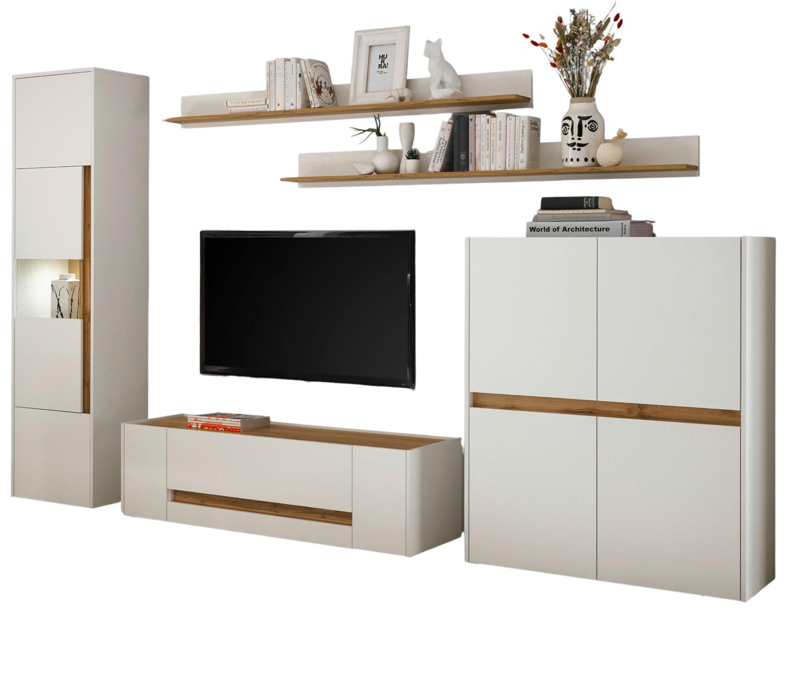 WOHNWAND 5-teilig weiß, Eiche Wotan 330 cm, Wohnkombination mit 15 Fächern - Eiche Wotan/Schwarz, Glas/Holz (330/197/45cm) - Furn.Design