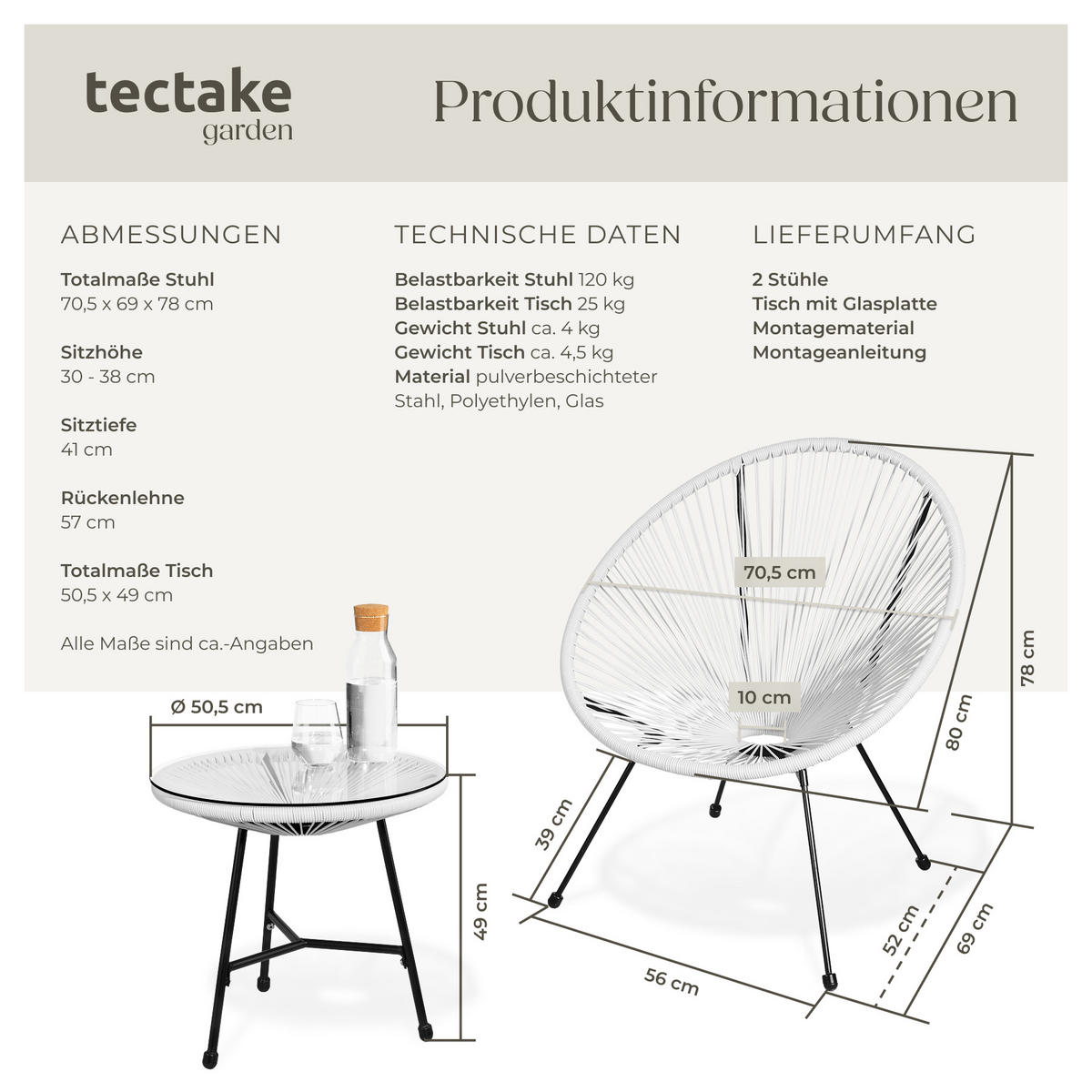GARTENSTUHL 2er Set Santana mit Tisch, Belastbarkeit Stuhl 120 kg, weiß - Weiß, Kunststoff - tectake