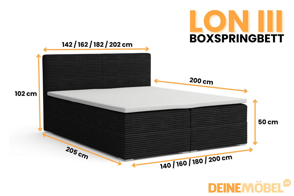 BOXBETT LON III 140/200 in Cord Schwarz H4 - Schwarz, Holz/Holzwerkstoff (140/200cm) - Deine Möbel 24