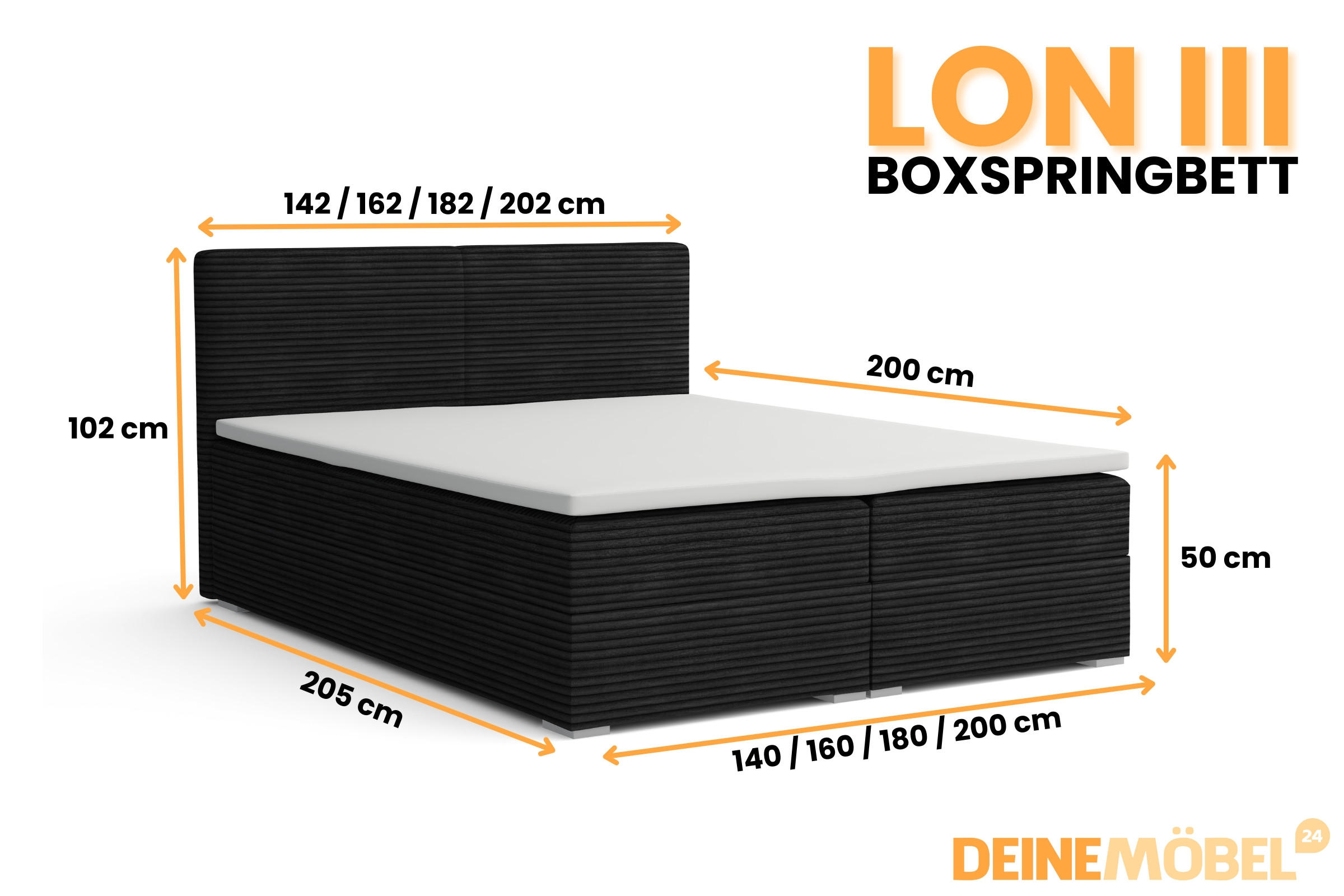 Thumbnail - Deine Möbel 24 Boxbett, Schwarz, Holz, Holzwerkstoff, Textil, H4, 200x200 cm, Schlafzimmer, Betten, Boxspringbetten