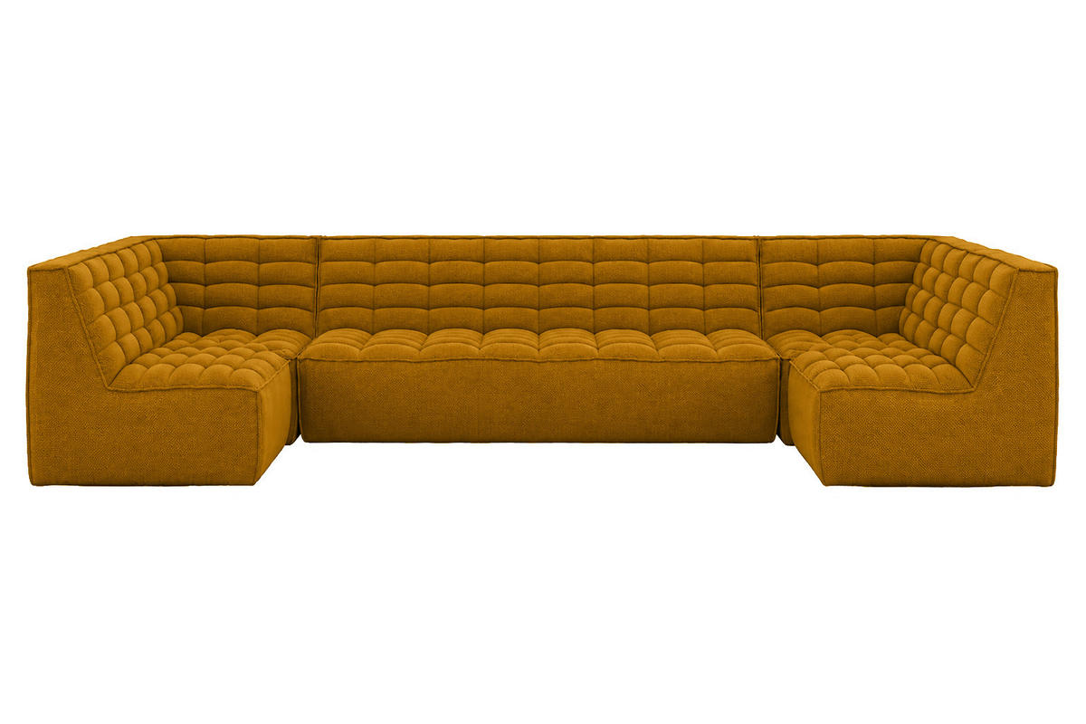 ROHOVÁ SEDAČKA modulární ve tvaru U, plyšová tkanina Pop, Hořčicová, LAZY U Medium - žlutá, dřevo (386/76/173cm) - Kaiser Möbel