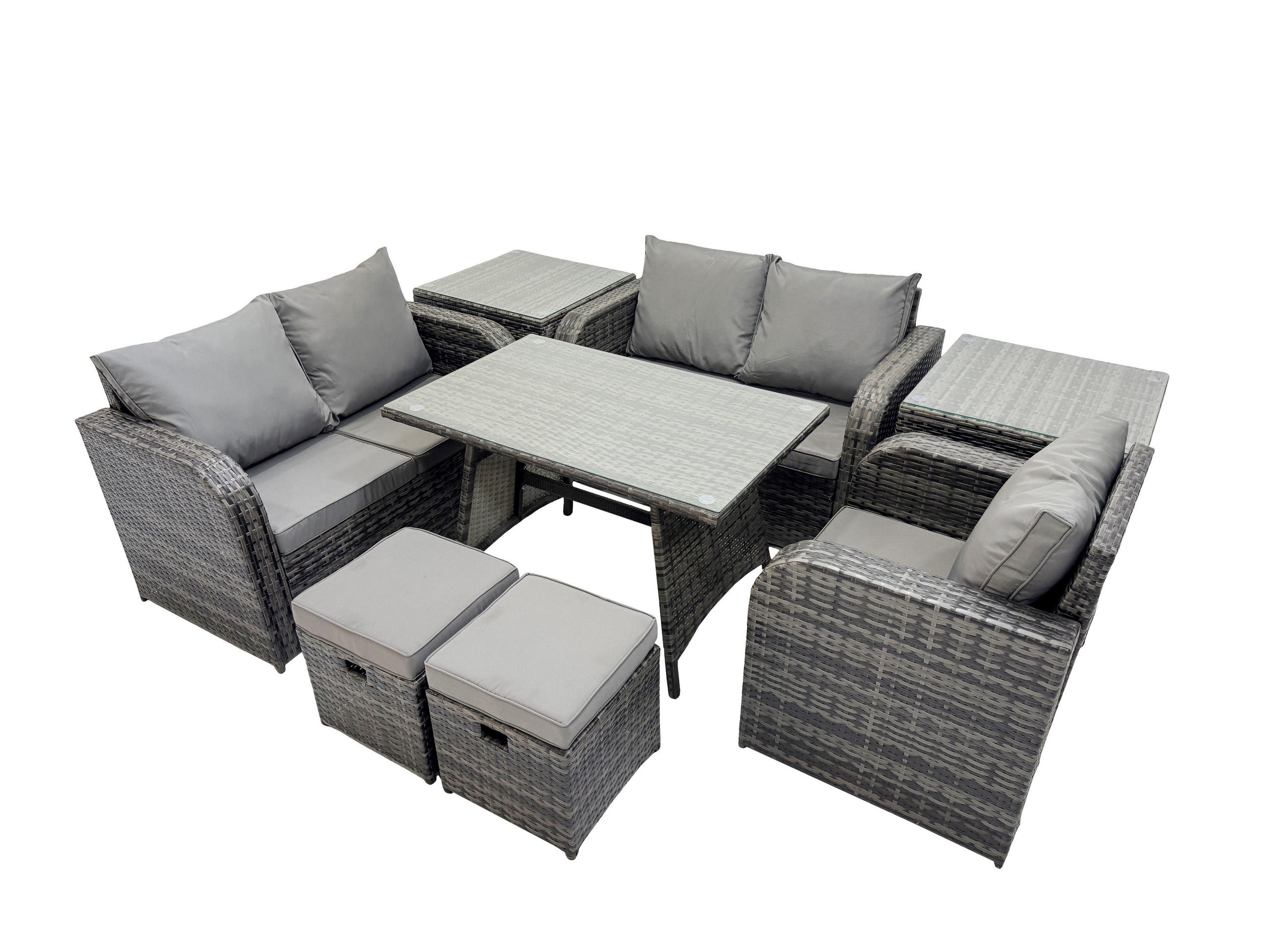 BALKONSET mit ESSTISCH SOFA Polyrattan Dunkelgrau 7-Sitzer - Dunkelgrau/Grau, Glas/Kunststoff - Fimous