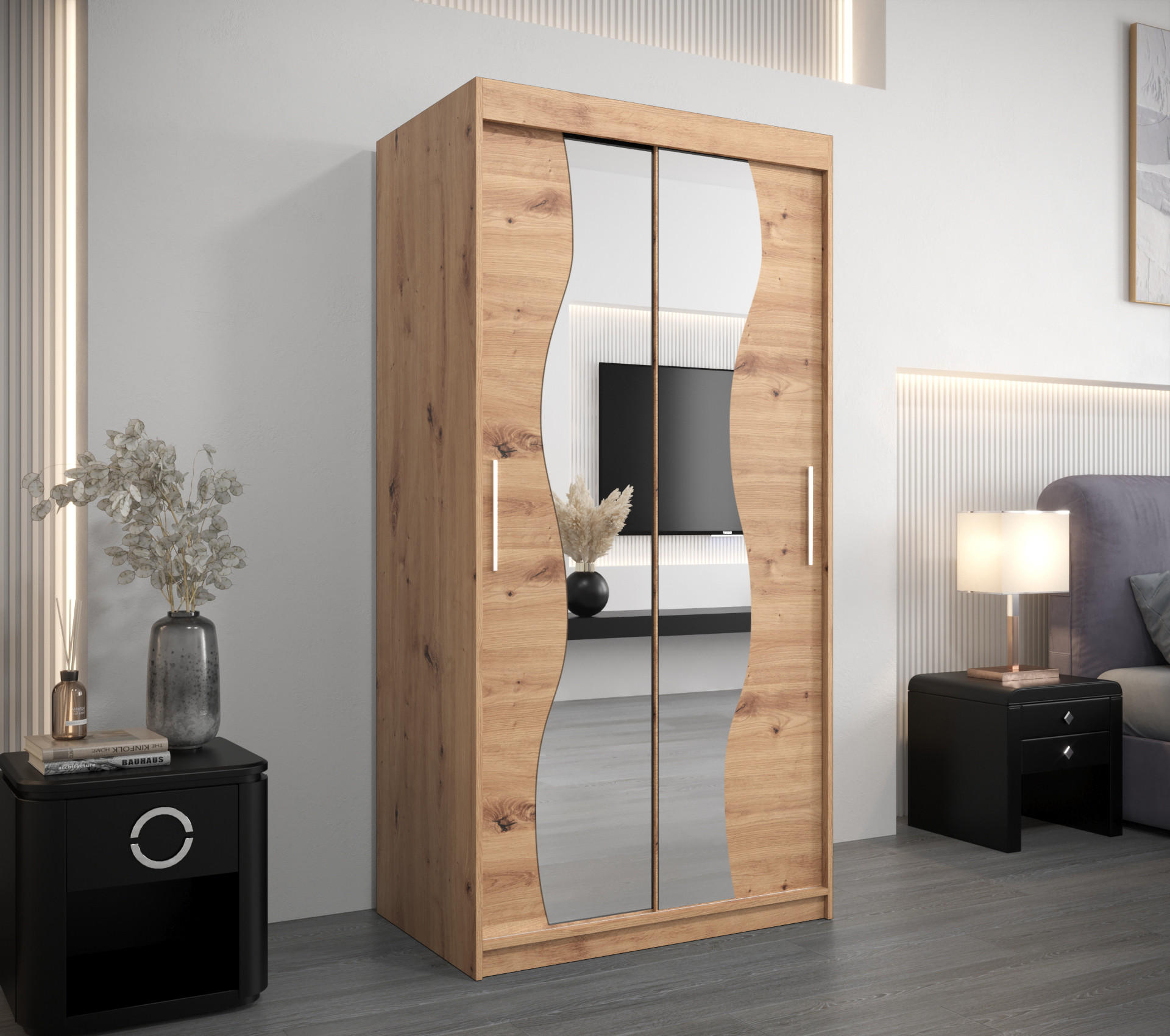 Thumbnail - Abiks Möbel Schwebetürenschrank, Eiche Artisan, Eiche Artisan, Kunststoff, Nachbildung, 5 Fächer, 100x200x62 cm, Schlafz...