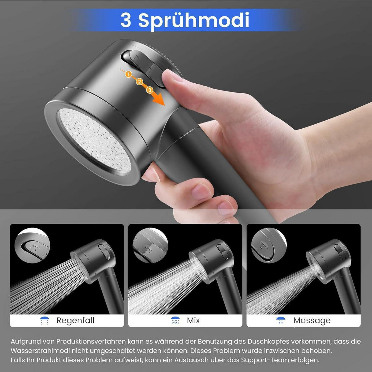HANDBRAUSE mit Filtersystem Grau 3 Strahlarten - Grau, Kunststoff (9/12.7/27cm)