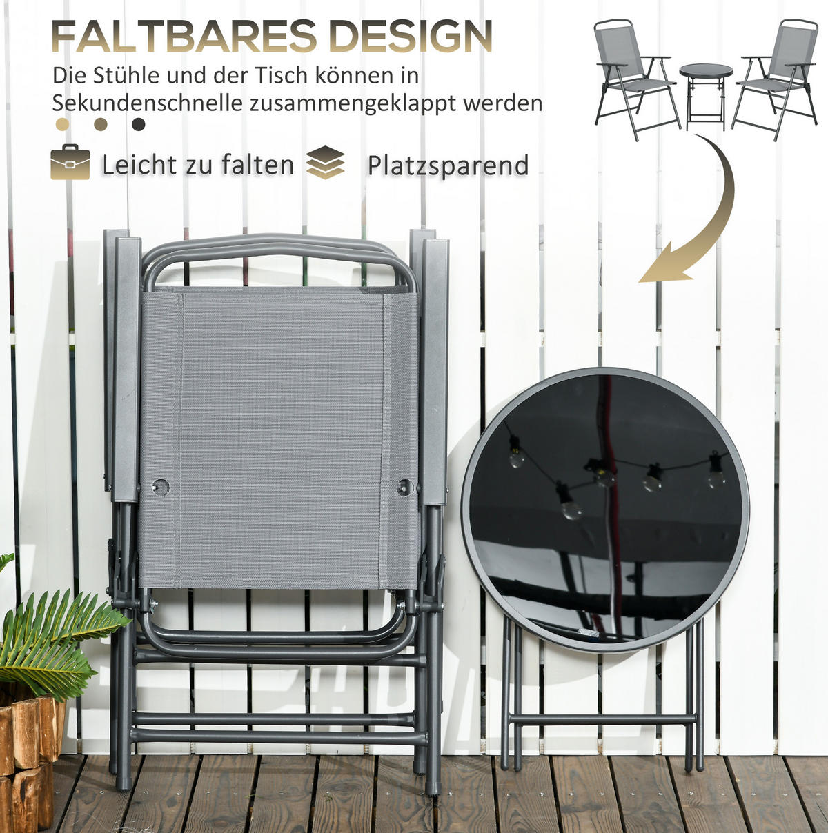 BISTRO-SET 3-teilig mit Klappfunktion, Stahlgestell und Glastisch, 53,5/64/93 cm, Hellgrau - Hellgrau, Metall - Redom