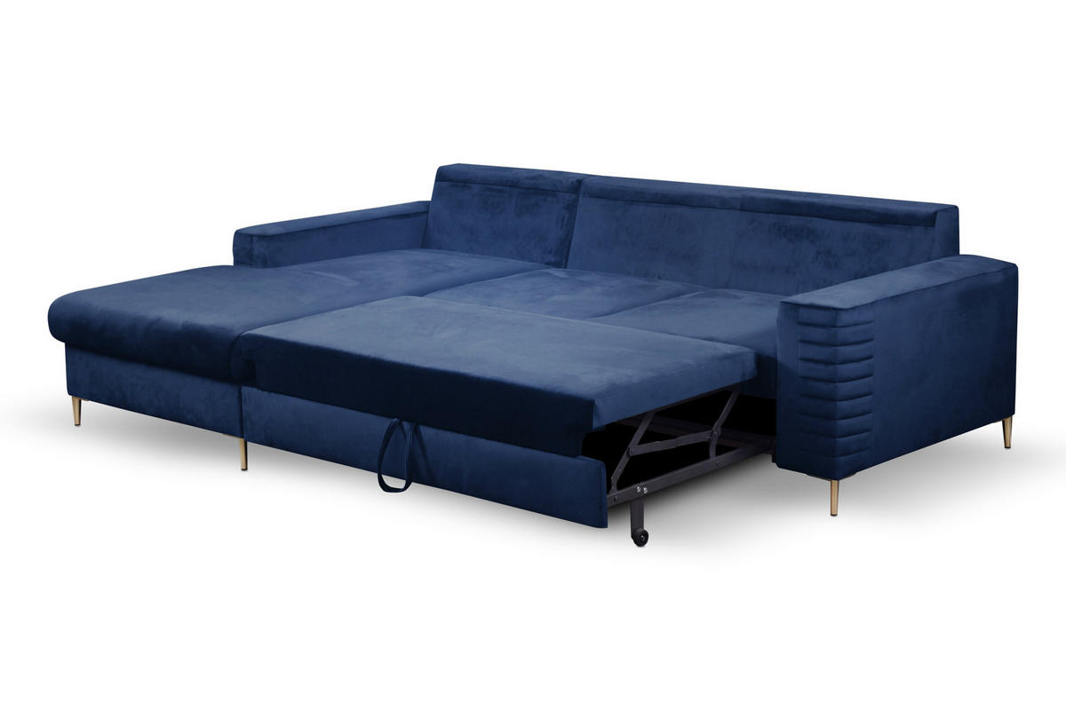 ECKSOFA GRIFO L-S Blau Velours-Stoff mit Schlaffunktion - Blau, Holz (253/165cm) - MASSENO