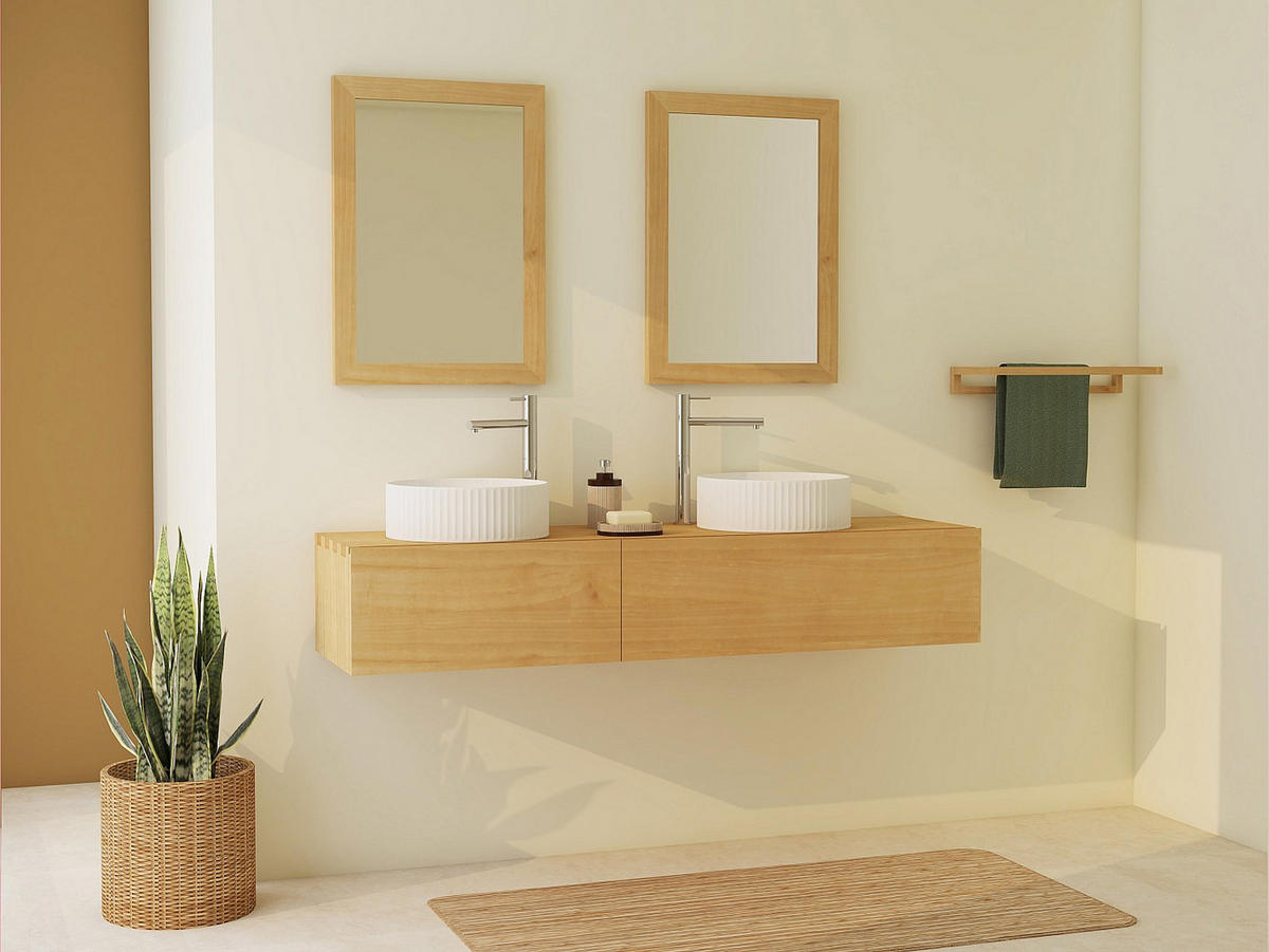 WASCHBECKENUNTERSCHRANK - 150cm x 40cm - Mindiholz - naturfarben hell - TIDORE - Naturfarben, Holz (150/27/40cm) - Vente-Unique