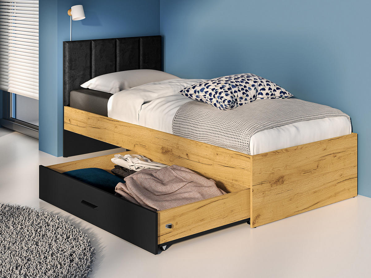 BETT Colt schwarz / Craft Gold Eiche 93 / 207 / 90cm - Braun, Holz/Holzwerkstoff (90/200cm) - Feldmann-Wohnen