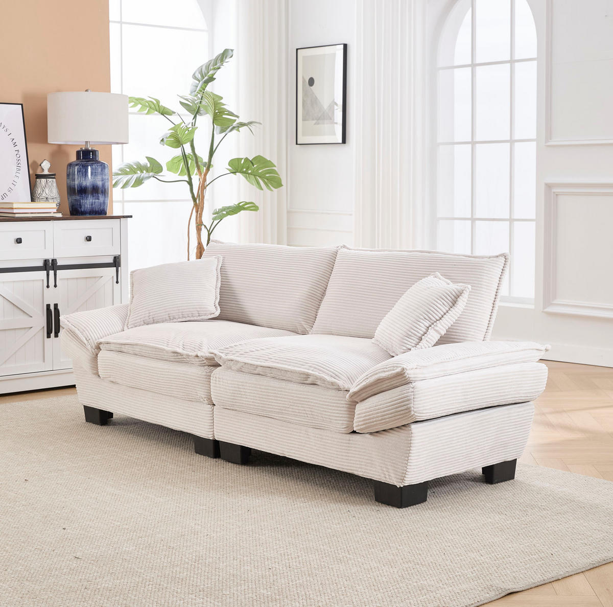 2-SITZER-SOFA aus Samt 224x81x81 cm Beige mit extratiefem Sitz, 2 Kissen und gepolsterten Armlehnen - Beige, Textil (81/81/224cm) - Modfu