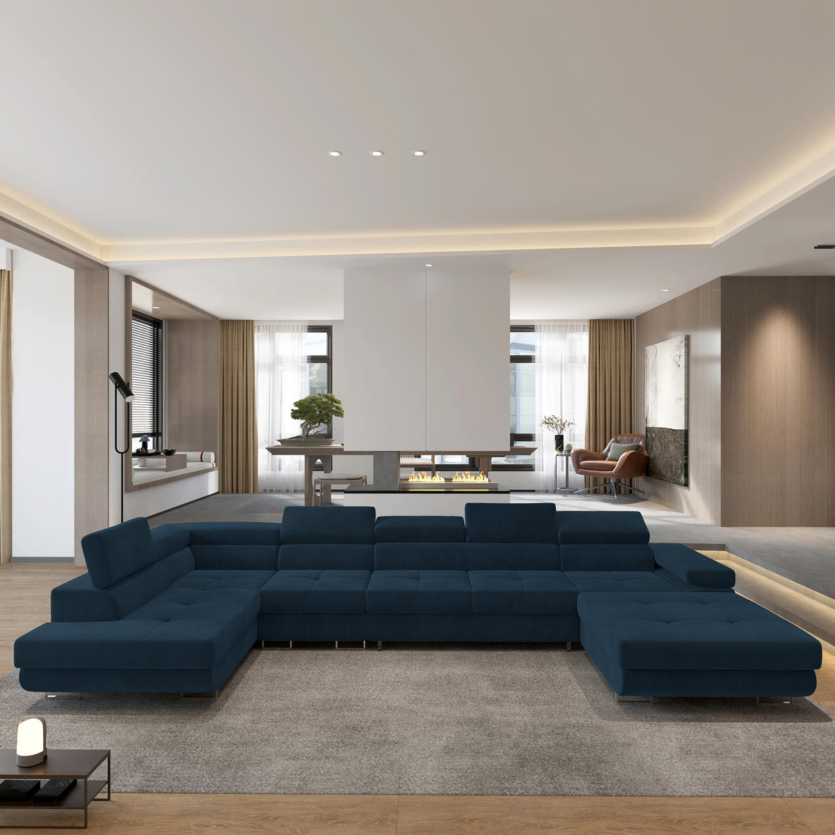 ROHOVÁ SEDAČKA VELORA modrá - modrá/stříbrná, kov/dřevo (419/90/202cm) - MASSENO