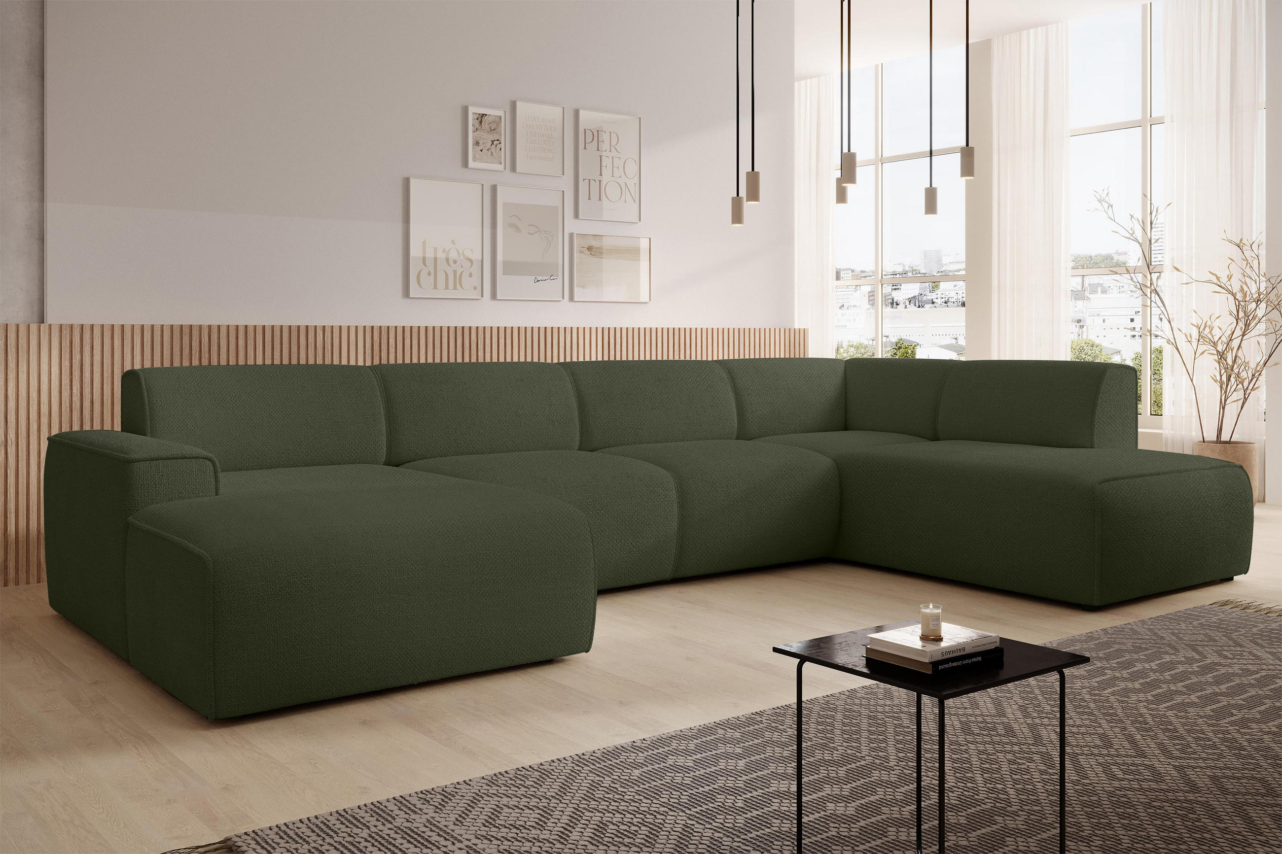 WOHNLANDSCHAFT Didim Grün 378/220/78 cm – großes Sofa stilvoll & bequem R - Schwarz/Grün, Kunststoff/Textil (378/78/220cm) - AX Living