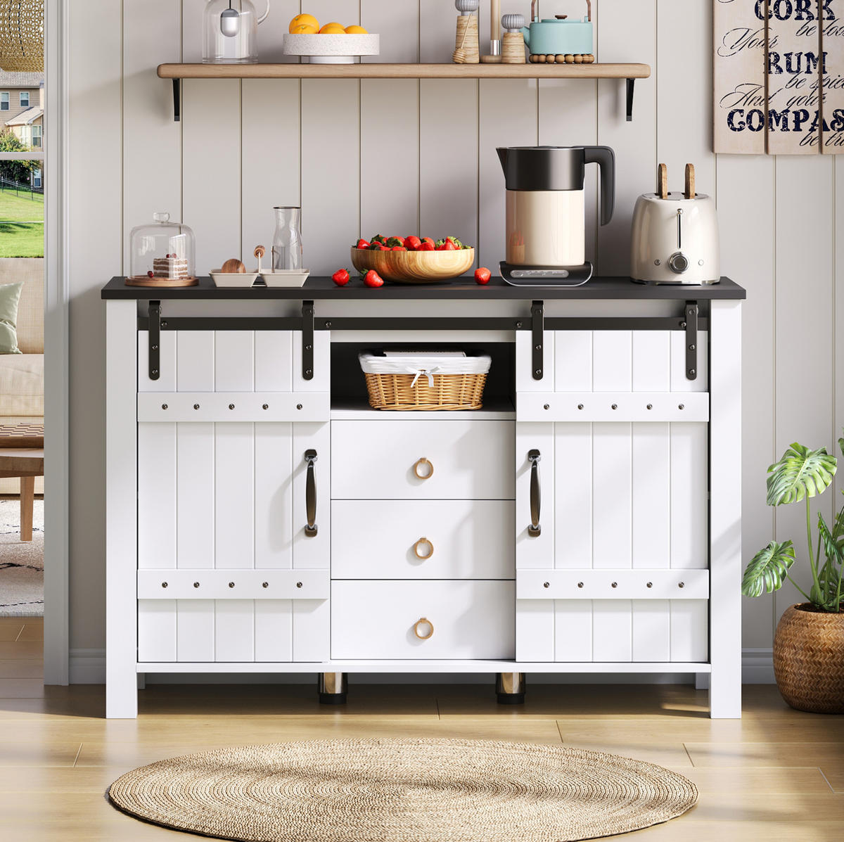 SIDEBOARD 120/40/80 cm Weiß aus MDF mit Schiebetüren und 3 Schubladen - Weiß, Holzwerkstoff (40/80/120cm) - OKMYHOME