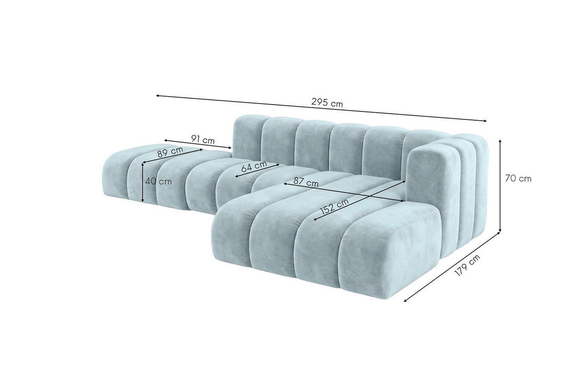 ECKSOFA Modulares In L-Form Mit Hocker, Velvet-Stoff Riviera, Babyblau, Rechts, GRAND Mini - Hellblau, Holz (295/179cm) - Kaiser Möbel