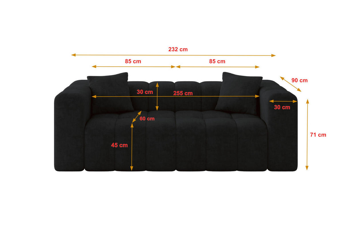 POHOVKA 2-MÍSTNÁ DONY-2 232x90x71 cm Černá Velur - černá, kompozitní dřevo/textil (232/71/90cm) - ALTDECOR