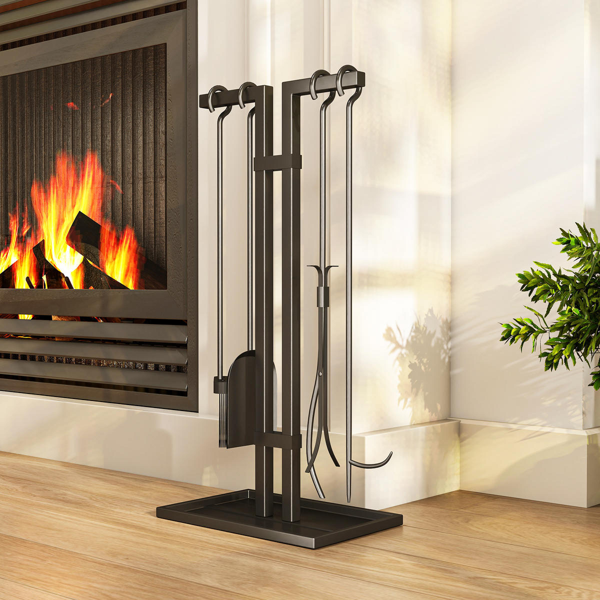 KAMINWERKZEUGSET 5tlg DE-13778 mit Rechteckständer Schwarz - Schwarz, Metall (31/64/20cm) - ComfortXL
