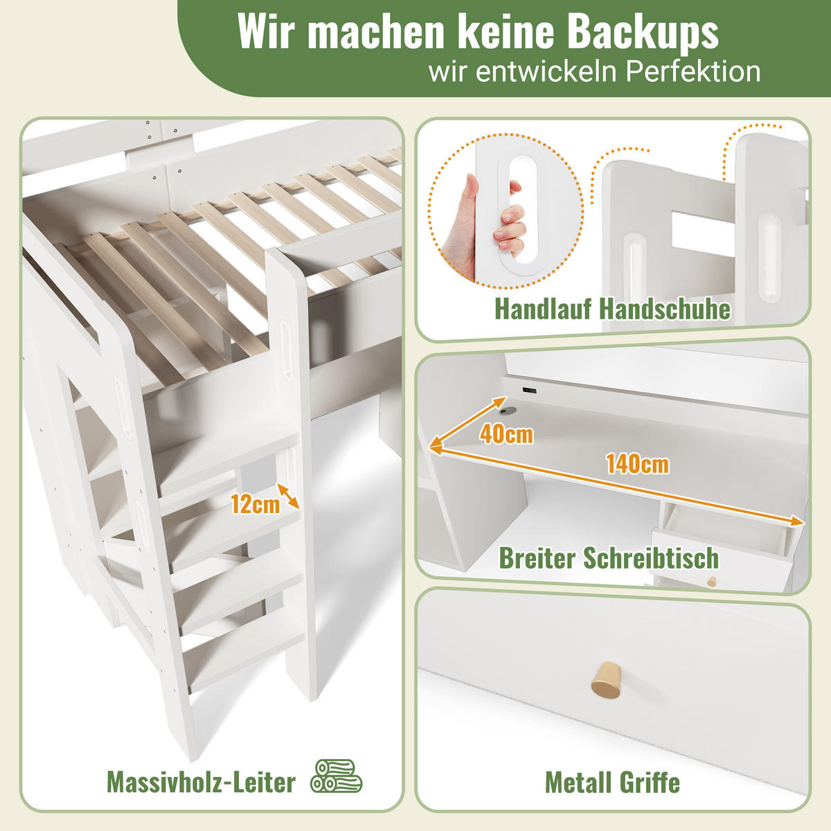 HOCHBETT 90/200 cm in Weiß Kinderbett mit Schreibtisch, Schrank, Schubladen und USB/Type-C - Weiß, Holzwerkstoff (90/200cm) - STILVORA