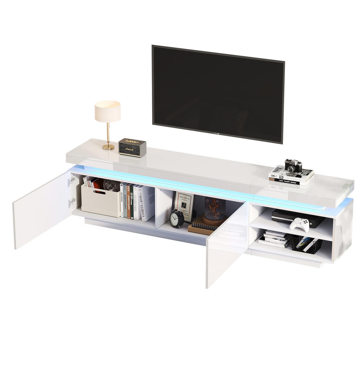 TV-LOWBOARD aus Spanplatte 170x35x50 cm Weiß mit LED-Beleuchtung, Kabelmanagement und Stauraum - Weiß, Holzwerkstoff (170/50/35cm) - Modfu